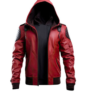 Men's Outerwear Slim-fit Biker Red Hooded Sheepskin Leather Jacket