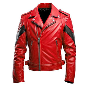 Men's Red Quilted Asymmetric Crossover Brando Sheepskin Leather Jacket