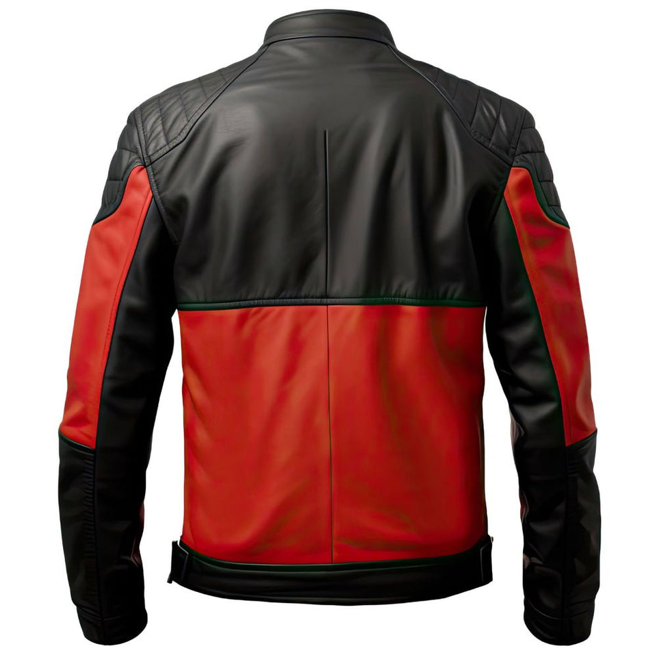 Men's Red Cafe Racer Motorcycle Genuine Sheepskin Leather Jacket