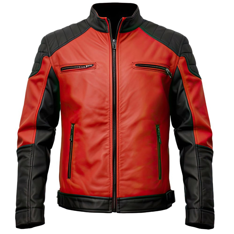 Men's Red Cafe Racer Motorcycle Genuine Sheepskin Leather Jacket