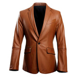 Men’s Brown Slim-fit Semi-Formal One-Button Sheepskin  Leather Coat