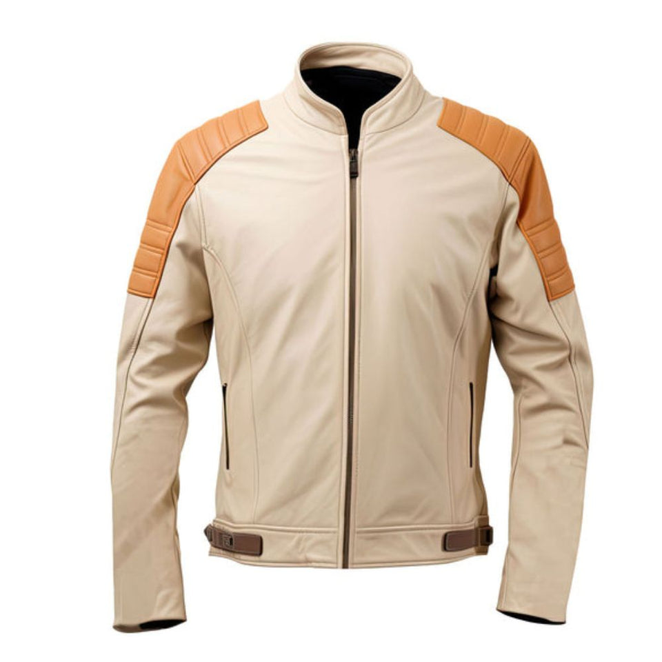 Men’s Beige Cafe Racer Slim-fit Genuine Sheepskin Leather Jacket