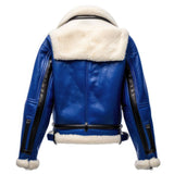 Women's Blue Faux Fur Shearling Genuine Sheepskin Leather Jacket