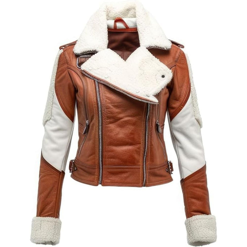 Women's Brown Genuine Sheepskin Shearling Faux Fur Leather Jacket