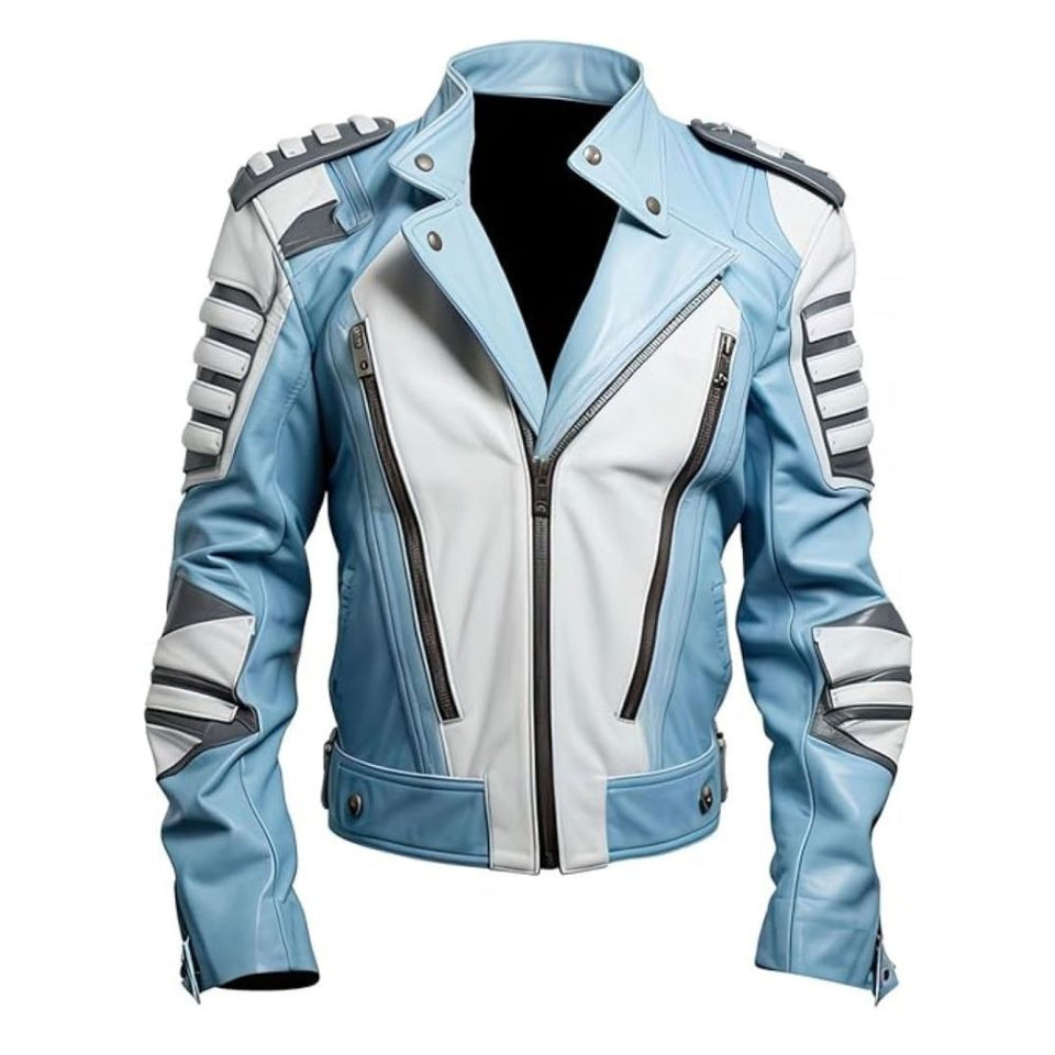 Men's White Striped Motorcycle Crossover Sheepskin Leather Jacket