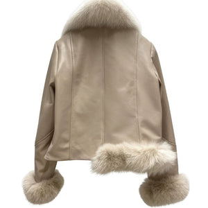 Women’s Apricot Faux Shearling Fur Genuine Sheepskin Leather Jacket