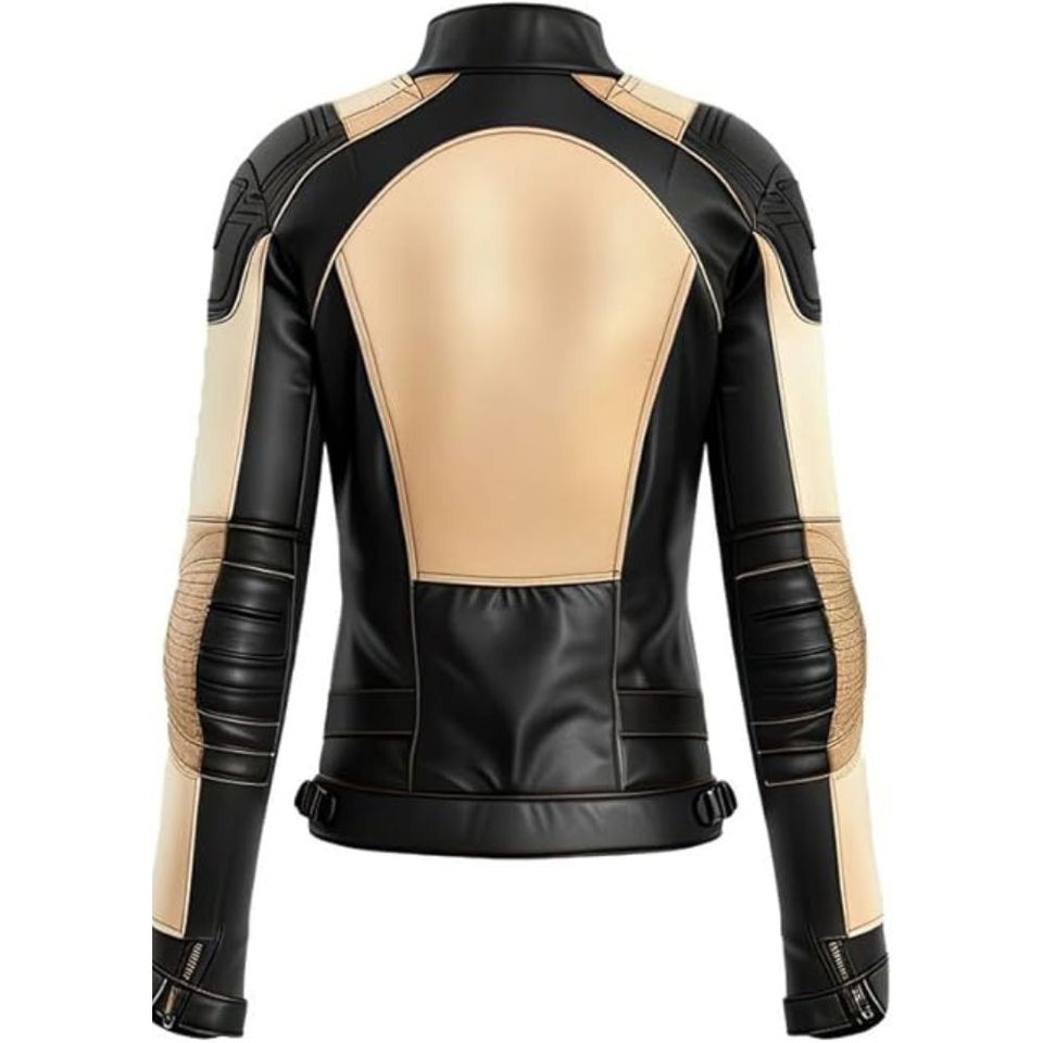 Women’s Classic Beige Black Genuine Sheepskin Motorcycle Leather Jacket