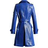 Women's Blue Genuine Sheepskin Soft Belted Mid-Length Trench Coat