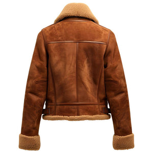 Women's Brown Faux Shearling Fur Lined Collar Suede Leather Jacket