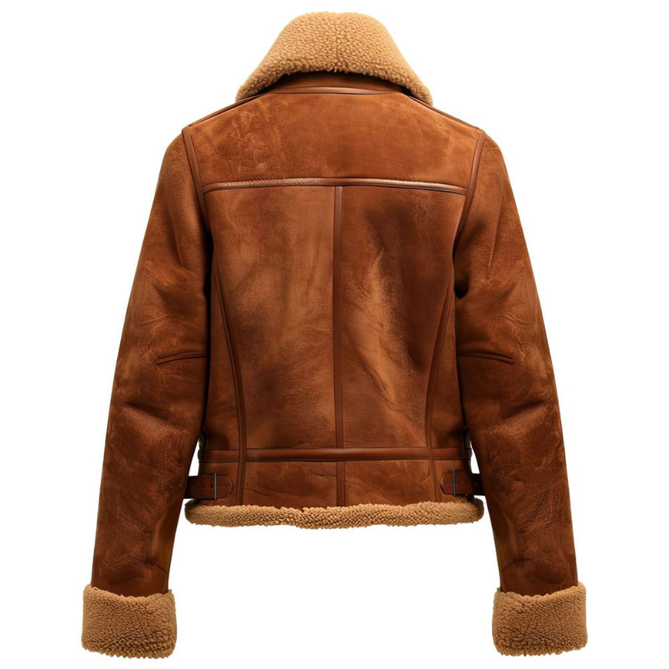 Women's Brown Faux Shearling Fur Lined Collar Suede Leather Jacket