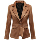 Women’s Dark Brown Suede Notch Lapel-Collar Semi-Formal Leather Blazer