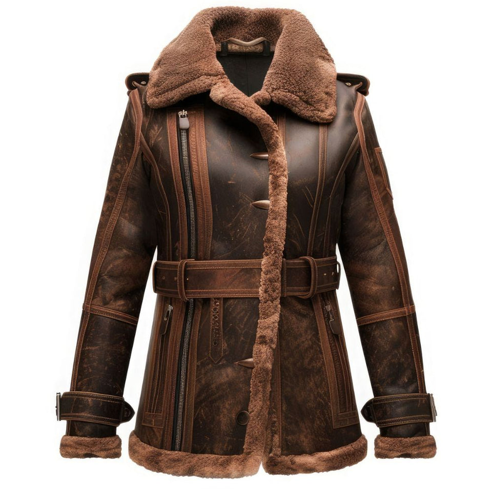 Women's Brown Shearling Faux fur Lined Premium Sheepskin Leather Coat