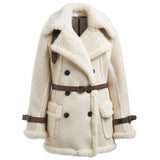 Women’s Genuine Beige Faux Fur Shearling Leather Belted Trench Coat