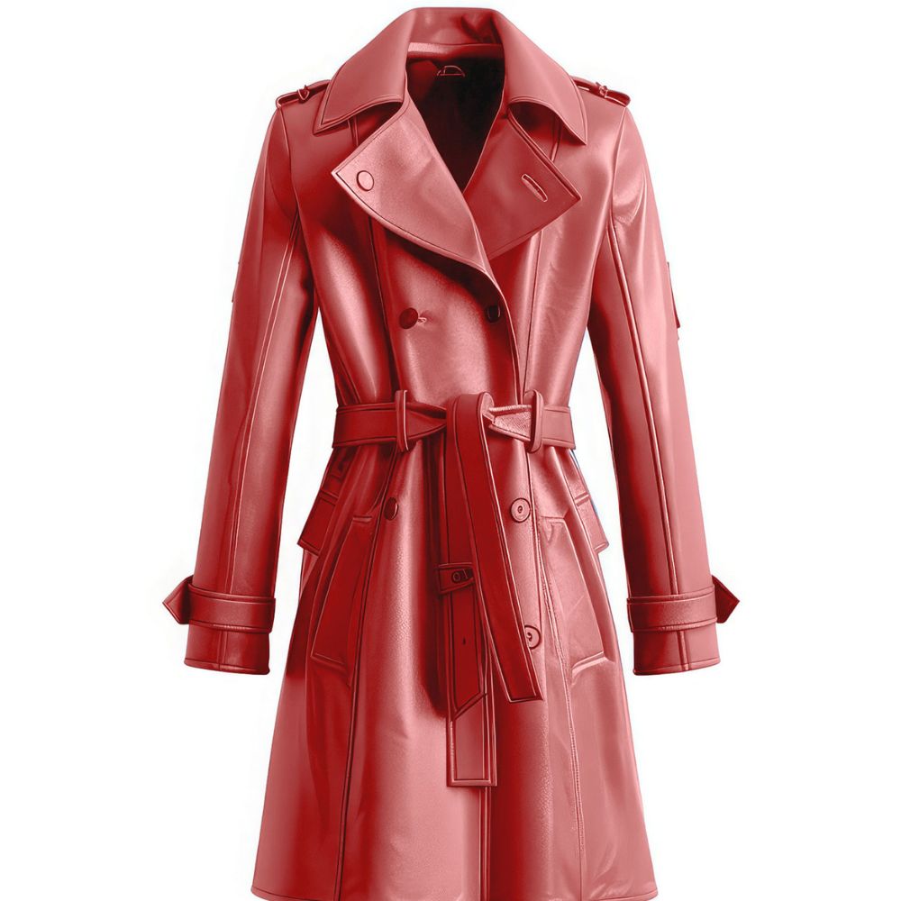 Women’s Double-Breasted Red Genuine Sheepskin Trench Leather Coat