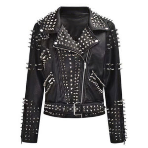 Women’s Slim-Fit Studded Moto Black Genuine Cowhide Leather Jacket