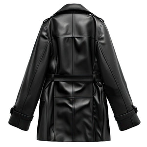 Women’s Black Double-Fronted Belted Genuine Sheepskin Leather Coat