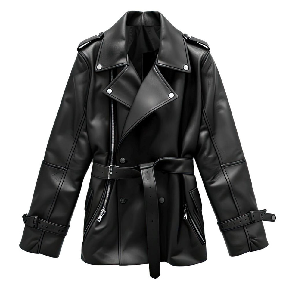 Women’s Black Double-Fronted Belted Genuine Sheepskin Leather Coat