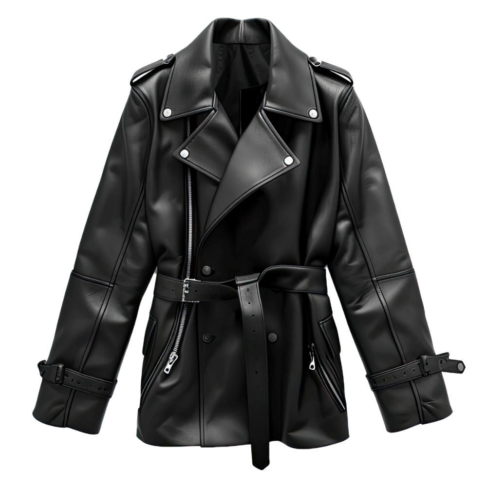 Women’s Black Double-Fronted Belted Genuine Sheepskin Leather Coat