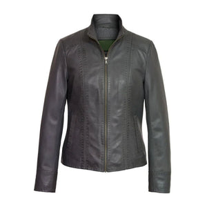 Women's Black Stab-Stitch Style Genuine Sheepskin Racer Leather Jacket