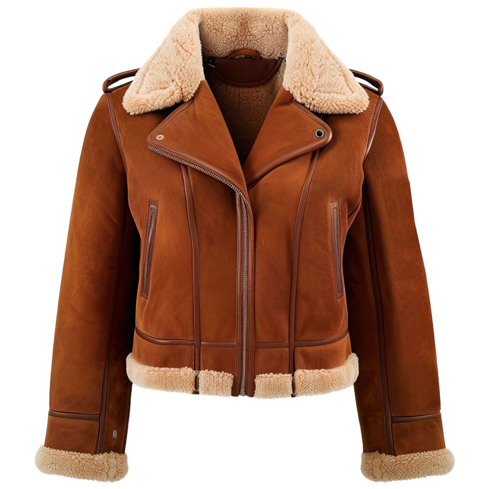 Women's Brown Faux Shearling Genuine Sheepskin Suede Leather Jacket