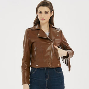 Women's Classic Brown Fringed Tassels Genuine Sheepskin Leather Jacket