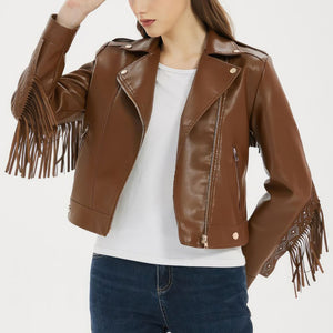 Women's Classic Brown Fringed Tassels Genuine Sheepskin Leather Jacket