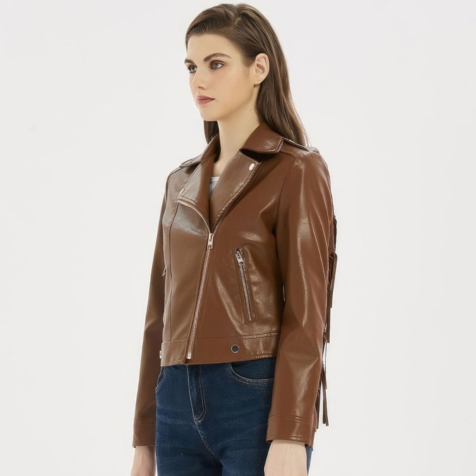 Women's Classic Brown Fringed Tassels Genuine Sheepskin Leather Jacket