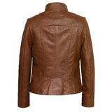 Women's Cognac Brown Vertical Seams Genuine Sheepskin Leather Jacket