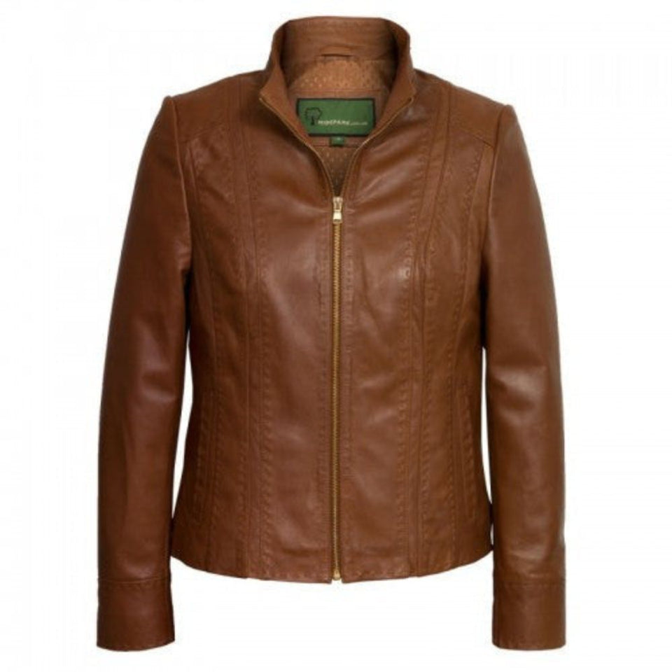 Women's Cognac Brown Vertical Seams Genuine Sheepskin Leather Jacket