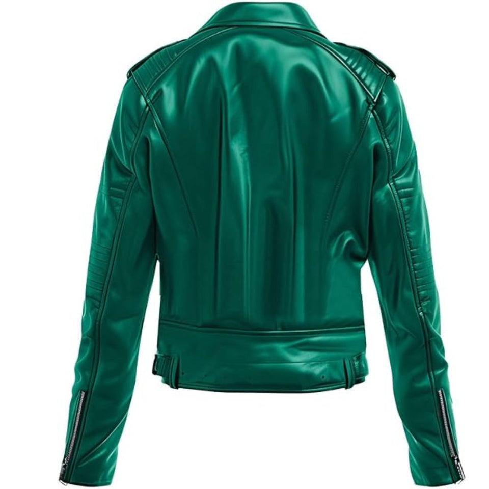 Women's Rich Emerald Green Motorcycle Genuine Sheepskin Leather Jacket