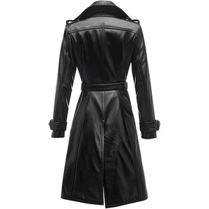 Women’s Classic Black Genuine Sheepskin Knee Length Trench Leather Coat