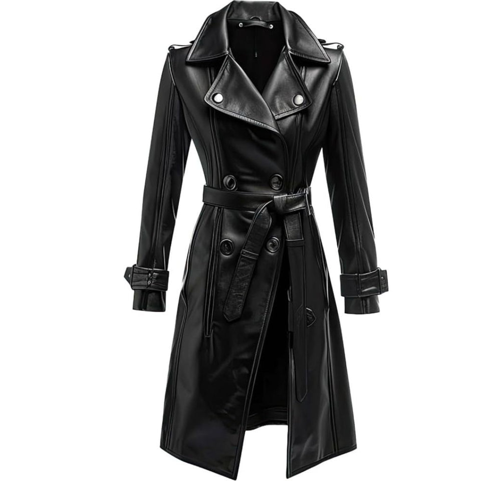 Women’s Classic Black Genuine Sheepskin Knee Length Trench Leather Coat