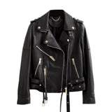 Women's Classic Belted Black Biker Genuine Sheepskin Leather Jacket