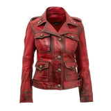 Women's Brando Distressed Maroon Genuine Sheepskin Leather Jacket