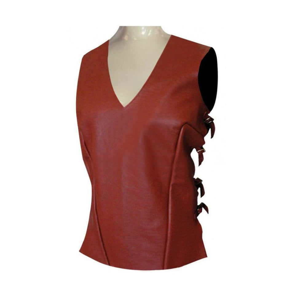 Women's Maroon Sleeveless Slim-Fit Genuine Sheepskin Leather Vest