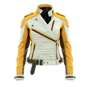 Women's Moto Asymmetrical Yellow Genuine Sheepskin Leather Jacket