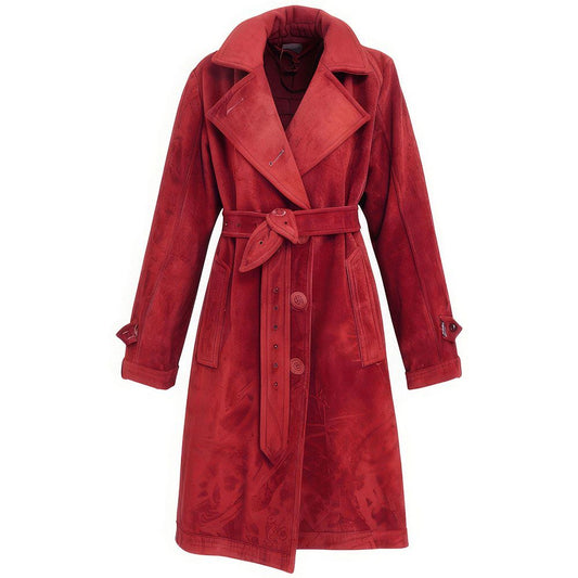 Women’s Red  Genuine Suede Elegant Crossover Lapel Collar Trench Coat