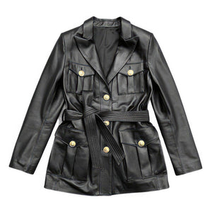 Women’s Solid Black Safari Belted Premium Sheepskin Leather Coat