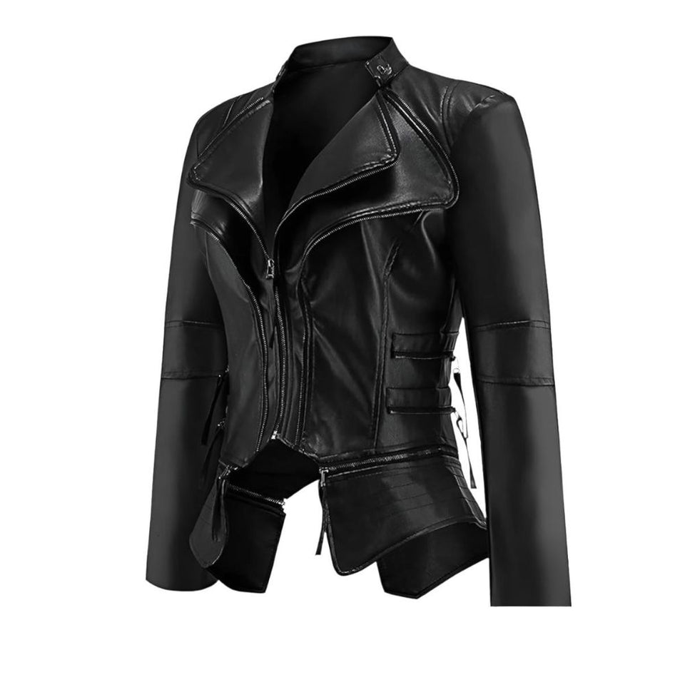 Women’s Winter Black Gothic Biker Genuine Sheepskin Leather Jacket