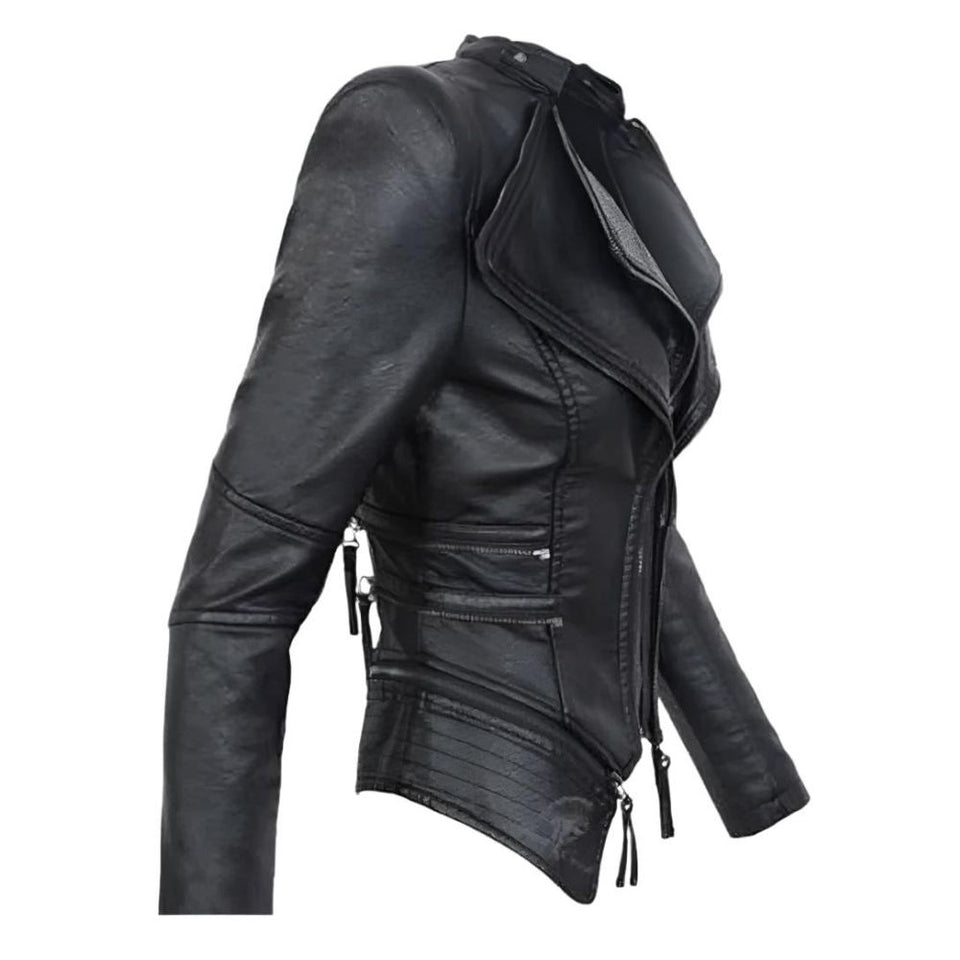 Women’s Winter Black Gothic Biker Genuine Sheepskin Leather Jacket