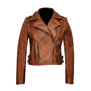 Women’s Brown Vintage Motorcycle Genuine Sheepskin Leather Jacket