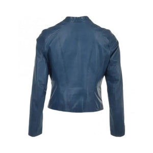 Women’s Winter Retro Blue Biker Genuine Sheepskin Leather Jacket