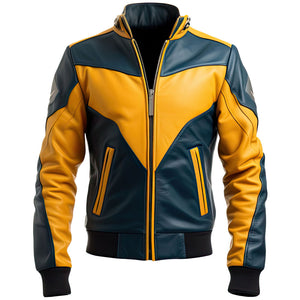 Men’s Mustard-Yellow-Blue Genuine Sheepskin Leather Jacket