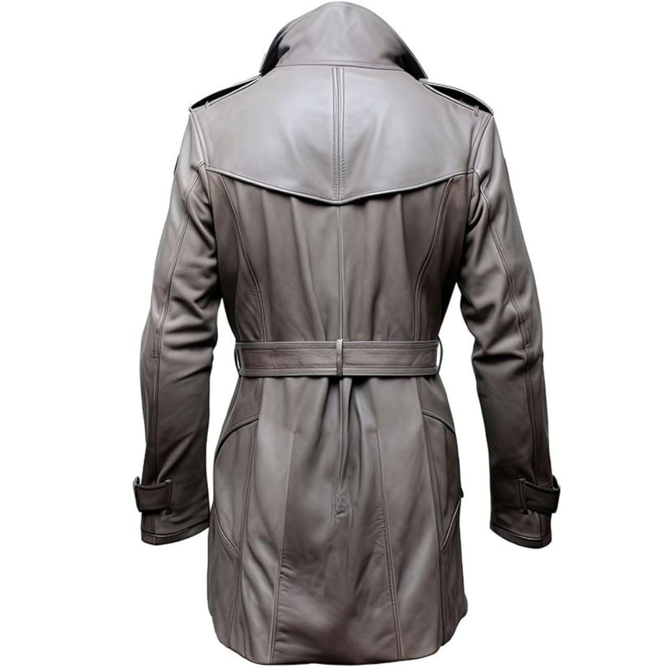 Men’s Vintage Grey Belted Genuine lambskin Leather Trench Coat