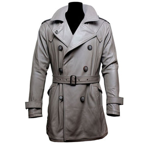 Men’s Vintage Grey Belted Genuine lambskin Leather Trench Coat