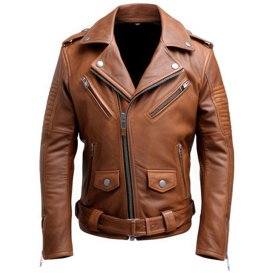 Men’s Brown Moto-Biker Lapel Collar Real Sheepskin Leather Jacket