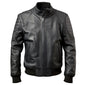 Men’s Black Genuine Sheepskin Rib Knit Slim-Fit Leather Bomber Jacket