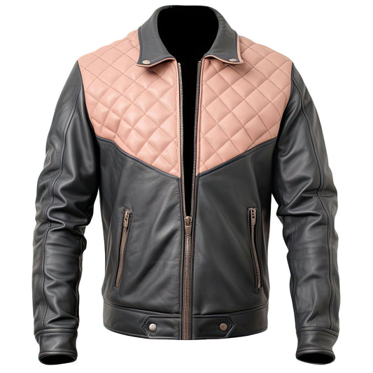 Men’s Pink Charcoal Grey Genuine Sheepskin Quilted Leather Jacket