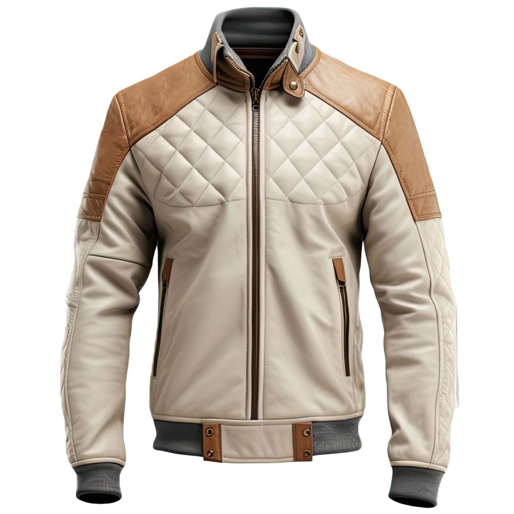 Men's Brown Moto Racer Diamond Quilted Bomber Genuine Leather Jacket