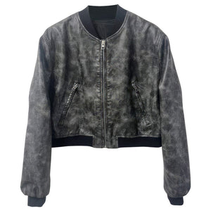 Women’s Distressed Grey Bomber Genuine Sheepskin Leather Jacket